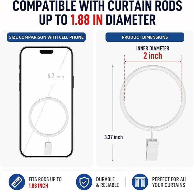 Lansian 44 Pack Curtain Rings with Clips Hooks 2 in Diameter Rustproof | Metal Stainless Steel Drapery Rings for Tension Rod Bracket Eyelets Decorative Hanger, Fits 1.88 in Rods, White