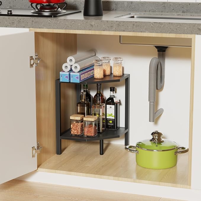 Creso hom Corner Shelf Stand, 2 Tier Industrial Corner Bookshelf | Multipurpose Standing Corner Display Shelf Countertop Organizer for Living Room Kitchen Bedroom Office, Black