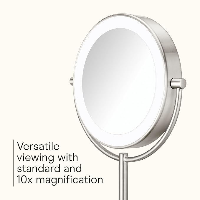 Conair LED Vanity Mirror, Double-Sided, 10x Maginification, Satin Nickel | Lighted makeup mirror with 3 color modes, 360° rotation, a satin nickel finish, a 5-foot power cord, and an 8.5" mirror