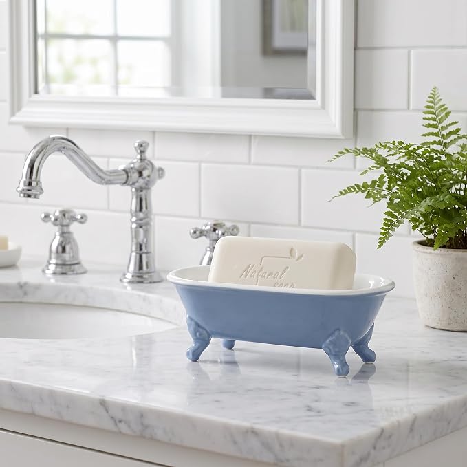 6.5" Ceramic Mini Clawfoot Bathtub Soap Dish, Blue | Decorative, Kitchen Sponge Holder, Shower Tray, 1 Pack