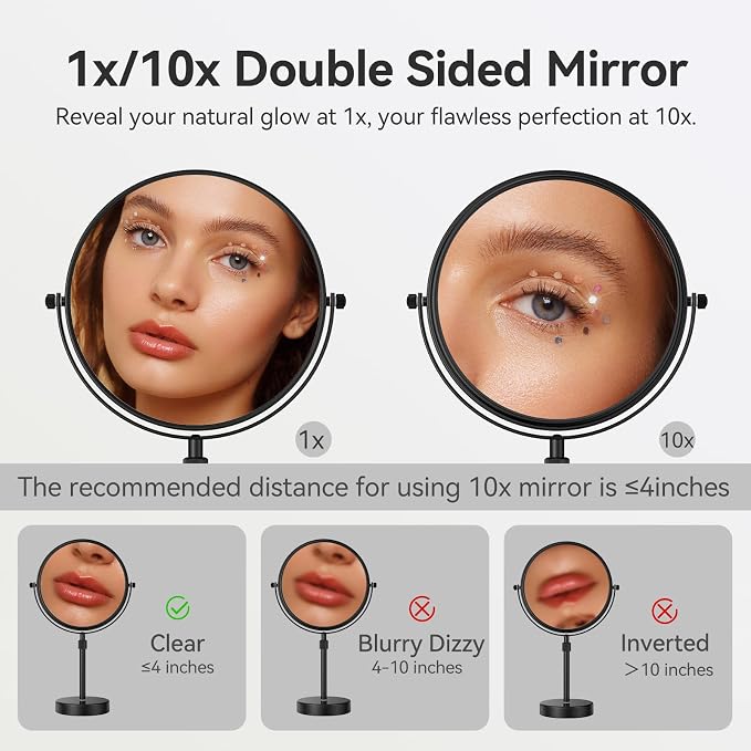 Nicesail 8 Inch Makeup Mirror Black, 19 Inch Tall, 10X Magnification Vanity | Magnifying Mirror, Tabletop with Pedestal, Height Adjustable (8 Inch, 10X), Beauty Mirror Magnifying Vanity Mirror 10x