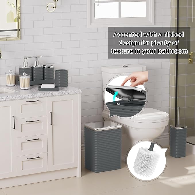 Bathroom Set - 10PC Bathroom Accessory Set, Grey Bathroom Set, Luxury Bathroom Accessories Set, Trash Can, Toilet Brush, Soap Dish, Qtip Holder & Soap Dispenser