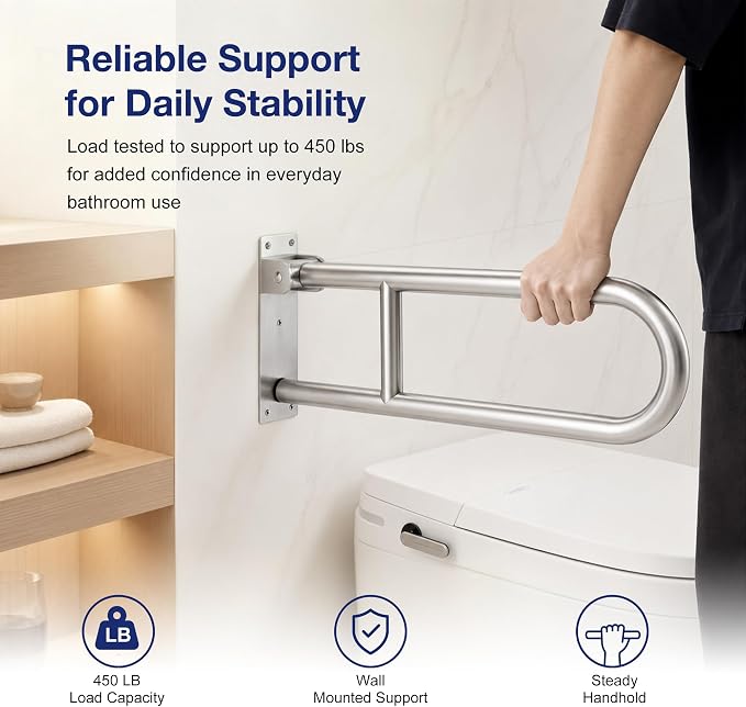 24 Inch Toilet Grab Bar-304 Stainless Steel Flip Up Handrail | Brushed finish | Wall mounted | 1.25 inch grip | Space saving fold up design | Template & hardware included