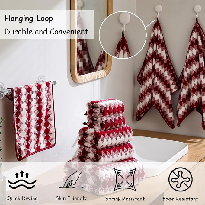 12 Pcs Burgundy Diamond Towel Set-4 Bath Towels,4 Hand Towels,4 Washcloths Soft Polyester Towels with Loop Absorbent Shower Towel Quick Dry Beach Chair Towel Family Towels for Bathroom Spa Gym Pool