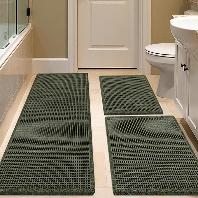 Waffle Bath Mat Set Dark Green 3 Piece,Woven Modern Bath Rug Mats, Absorbent Non Slip Bath Floor Mat, Soft Washable Boho Bath Rugs with Tassels for Bathroom, Bedroom, Kitchen,Tub