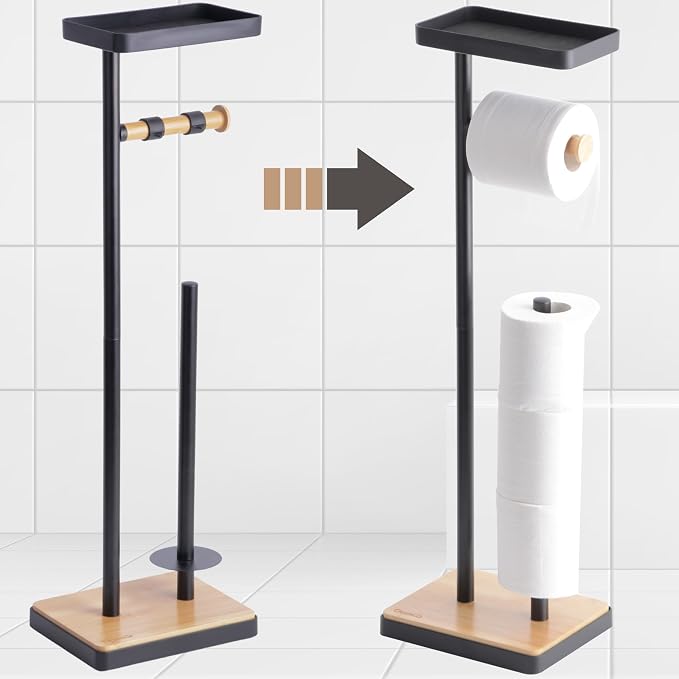 Clasin Home Toilet Paper Holder Stand, Free Standing Toilet Paper Holder with Storage and Top Shelf, Black Toilet Paper Stand Weighted Base with Bamboo Design for Bathroom