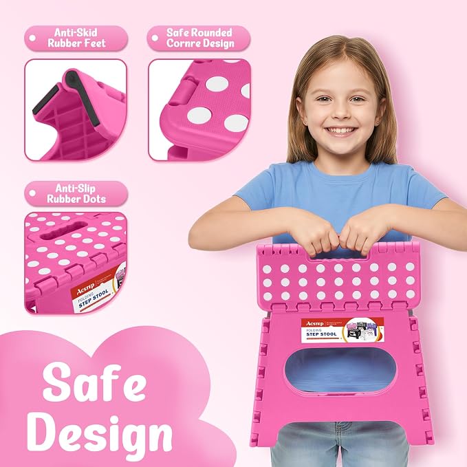 11" Folding Step Stool for Kids and Adults, Holds 300 lb, Rose red | Heavy Duty Collapsible Foot Stool, Lightweight with Built-in Handle, Non-Slip for Adults Kitchen Bathroom Bedroom Outdoor