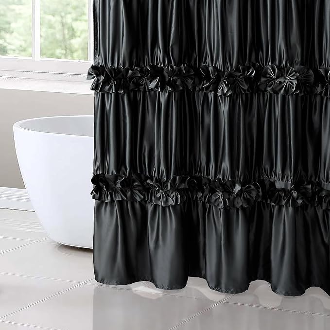 2-Piece Black Satin Shower Curtain, 72x72 Inches (Pair) | Double Panels for Easy Access, Glossy Luxury Fabric, Modern Bathroom Décor, Machine Washable (LQ-44)