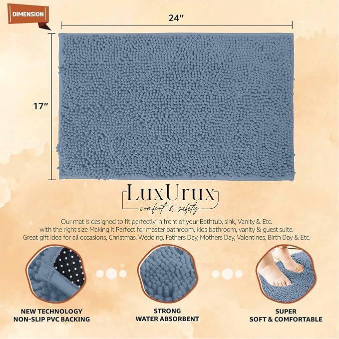 LuxUrux Bath Mat, Extra-Soft Plush Non-Slip Bathroom Rug, Luxury Chenille Microfiber Material, Super Absorbent Shaggy Bath Rug. Machine Wash & Dry (17 x 24 inches, Sky Blue)