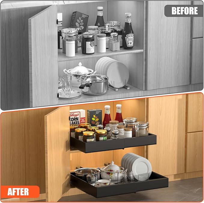 DEKAVA 4 Pack Expandable Pull Out Cabinet Organizer | fixed by nano adhesive film,heavy duty sliding drawer,suitable for kitchen,pantry cabinet storage