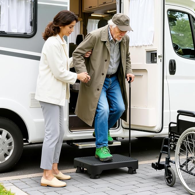SOYO Mobility One Step Stool Platform for Adults & Elderly, Black-Black | Adjustable Small Step Riser for Seniors, Indoor Outdoor Non-Slip Standing Support Portable Low Step for Car, Bed, Bathroom