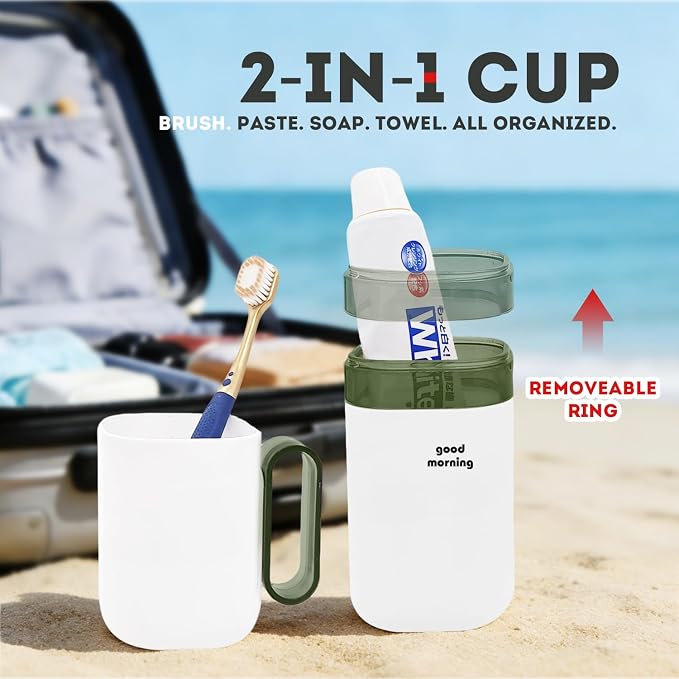 Travel Toothbrush Holder,Toothbrush Holder and Rinse Cup with Handle Toothbrush Travel Case,Multifunctional Toothbrush Cup,Large Capacit Travel Toothbrush Holder with Mouthwash Cup(Purple+Green)