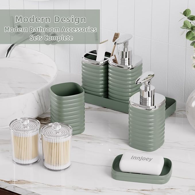 Bathroom Set - 10PC Bathroom Accessory Set, Sage Green Bathroom Set, Luxury Bathroom Accessories Set, Trash Can, Toilet Brush, Soap Dish, Qtip Holder & Soap Dispenser
