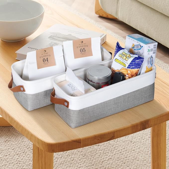 Small Fabric Storage Bins, Narrow Storage Baskets for Organizing | Long Storage Basket, with Handles, Decorative Basket, For Closets Shelves Toilet Paper, 15x6x5 inch, 4-Pack, Grey