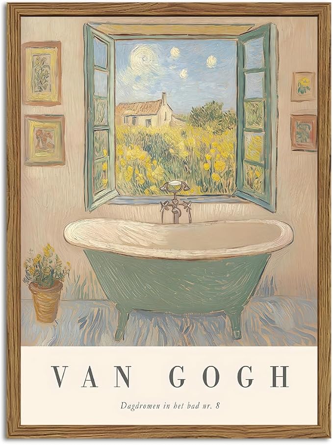 Vintage Van Gogh Bathroom Wall Art Cute Impressionist Bathtub Wall Decor Picture Rustic Farmhouse Bathroom Canvas Painting Print 24x16 inch Wood Framed
