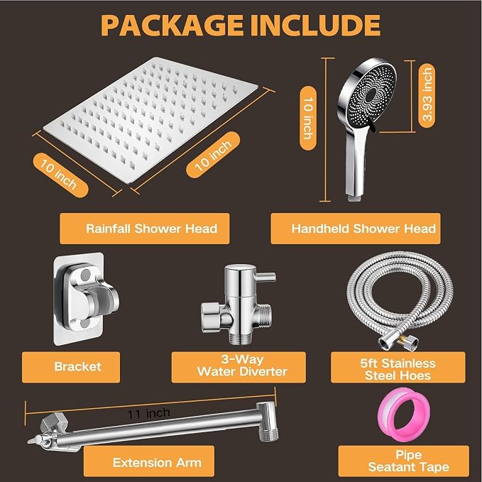 Shower Head,10”Rain Shower Head with Handheld Spray Combo with 11'' Angle Adjustable Extension Arm/Flow Regulator/Shower System,High Pressure Rainfall Shower Head Clean Bathroom,Matt Black