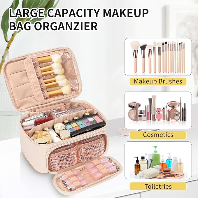 Makeup Bag, Multifunctional Large Cosmetic Organizer Toiletry Brushes Storage Case for Women Girls with Handle Divider - Beige