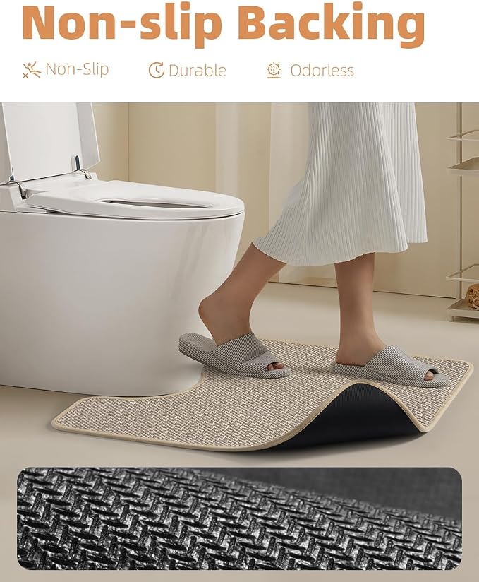 PADOOR Braided Toilet Rugs U Shaped, Non Slip Toilet Mats for Bathroom Floor Machine Washable Super Absorbent Contour Bath Rugs for Toilet Mat Quick Dry U Shaped Toilet Rug, 20''x24'' Light Beige