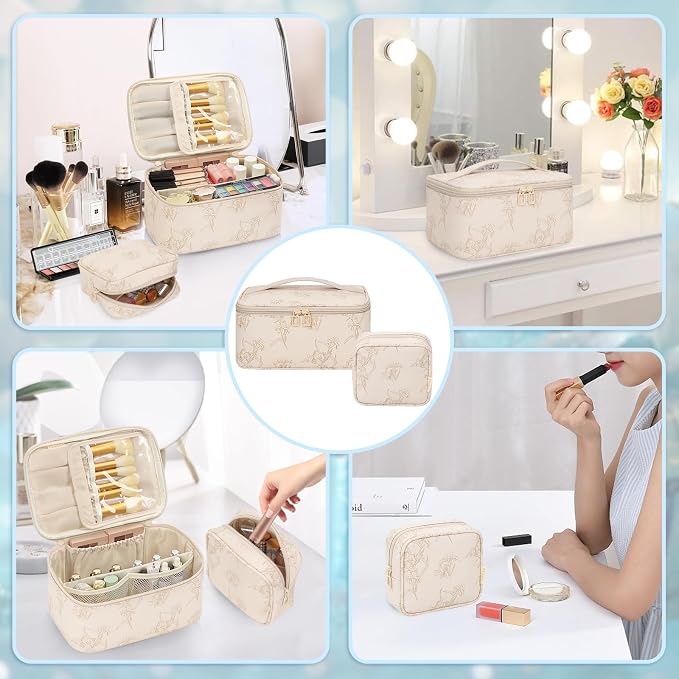 Makeup Bag Set, Portable Travel Makeup Bags Cosmetic Organizer Bag for Women Cute Floral Cosmetic Pouch Large Capacity Make up Bag PU Leather Toiletry Bags with Divider and Handle-Beige