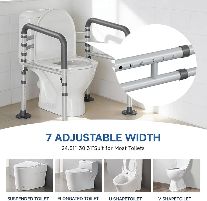 Toilet Safety Rail for Seniors, 11.7lbs Steel, Rock-Solid Stability | Height & Width Adjustable,Foldable,Padded Armrests,Wide Non-slip Foot Pads,350 lb Capacity for Pregnant Women & Disabled,Gray