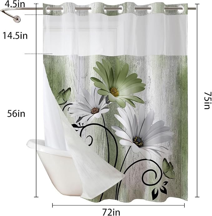 Hookless Shower Curtain with Snap in Liner, Green No Hook Shower Curtains for Bathroom，Shower Curtain and Liner Set for Bathroom Decor,Waterproof & Washable,72W x 75L Inch