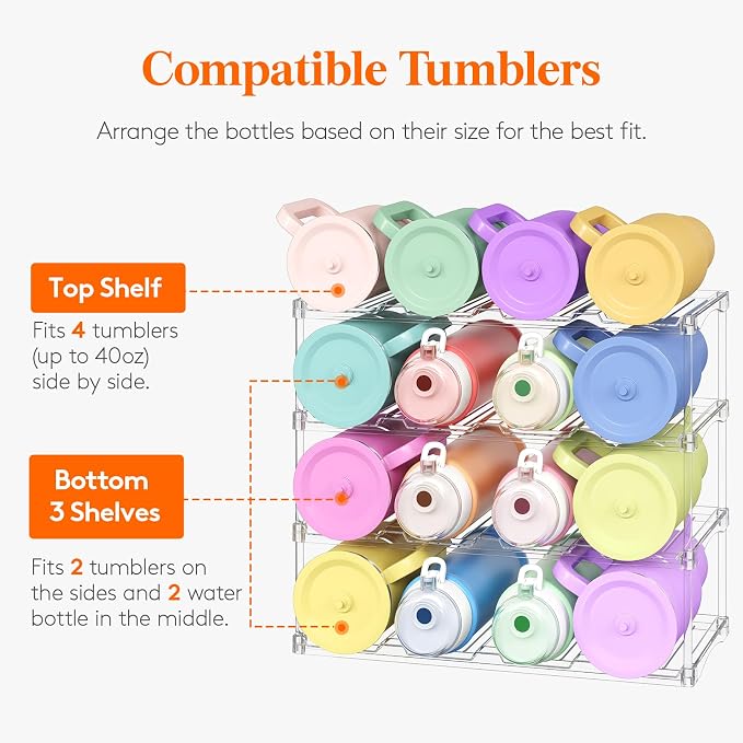 Lifewit Stackable Bottle Storage Organizer, Clear Freestanding Wine Holder for Cabinet, Large Slot Water Bottle Tumbler Organizer for Pantry, Plastic Wine Rack for Fridge Cellar, 4Tier Hold 16