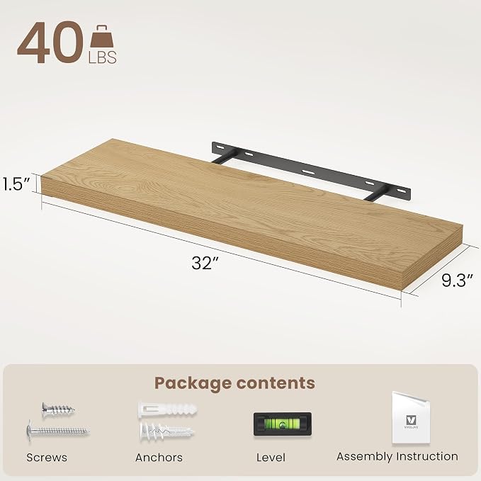 Vivelove Floating Shelves 9 inch Deep 32”Long Set of 2, Oak | Easy Install With Hardware, 1.5" Thick, Invisible Brackets, Wall Mounted, No Sagging, For Any Room