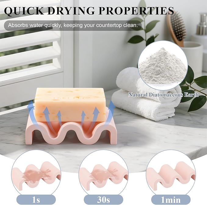 Diatomite Soap Dish Bar Soap Holder Wave Texture Sponge Tray, Pink | Quick Drying, Self Draining Design Helps Keep Bar Soap Dry for Bathroom Sink, Shower & Kitchen