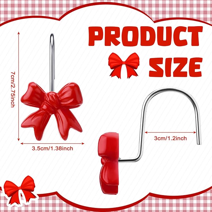 Yaocom 12 Pcs Red Bow Shower Curtain Hooks Rustproof Metal Rings | Decorative Bow Knot Style for Bathroom Bedroom Decor, Smooth Glide on Rod, Bulk Set for Curtain Replacement, Rustproof Finish