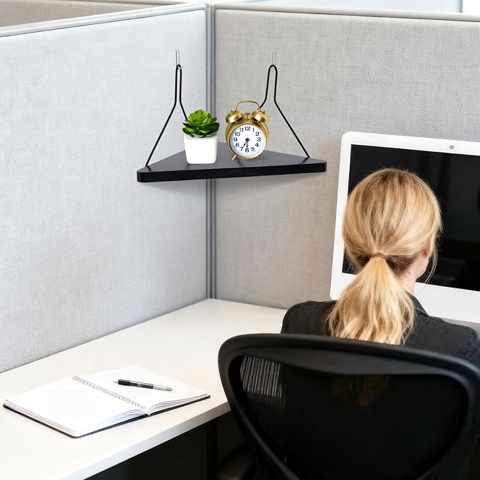 Fabric Wall Cubicle Corner Shelf with Hooks 11.8 Inch Wooden Triangular Cubicle Corner Shelf for Office Fabric Walls Display Storage Hanging Organizer for Work Decor Small Planter(Black，2 PCS)