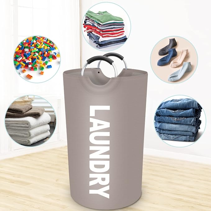 90L Large Laundry Basket, Dirty Clothes Waterproof Laundry Hamper, Khaki | Collapsible Laundry Basket with Foam Protected Aluminum Handles for Laundry Dorm Family, Black Dirty Clothes Hamper