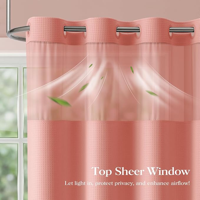 Coral Hook Free Waffle Shower Curtain & Snap-in Fabric Liner,72x75 | Less Time to install, 3 in 1 Fabric Shower Curtain and Liner Set with Magnets, Mesh Top Window, Shower Curtains for Bathroom