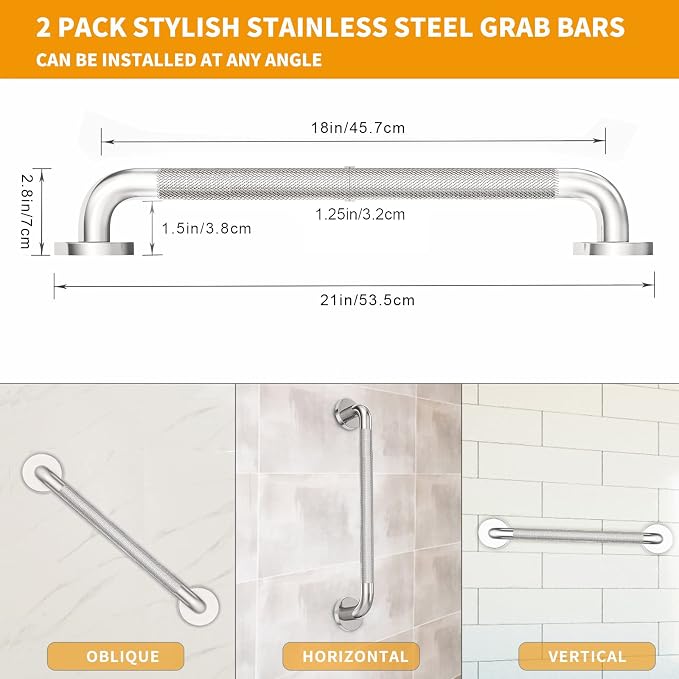 18 Inch Knurled Shower Grab Bar, Brushed Nickel, 2 Pack | 304 Stainless Steel, ADA 500lbs Support, Non-Slip Knurled Grip, Concealed Screws, Rustproof Handrail