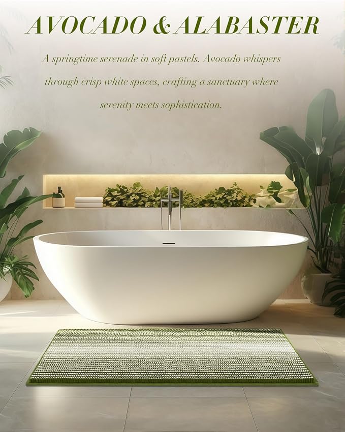 Chenille Bathroom Rugs, 20 x 32 Inches Non Slip Absorbent Bath Mat, Soft Shaggy Shower Bath Floor Mats for Bathroom, Machine Washable(Sage)