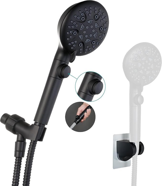 GwernKB Handheld Shower Head with On Off Switch,8-mode High Pressure Shower Wand with Long Hose and Bracket Extra Adhesive Holder for Lower Mount,Built-in Power Wash to Clean Tub,Tile & Pets,Black…