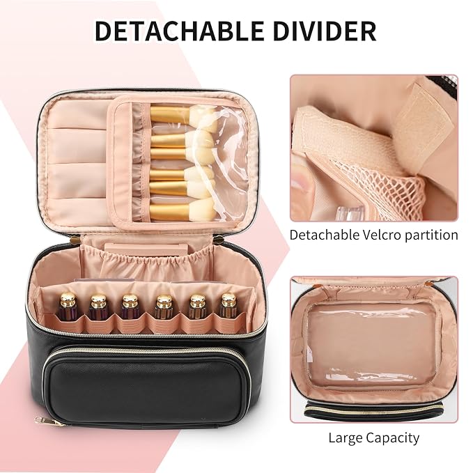 Makeup Bag, Multifunctional Make Up Bags with Zipper Pouch Large Compact Makeup Bag Organizer for Women Girls Cosmetics Toiletry Brushes Storage Makeup Case with Handle Divider-Black
