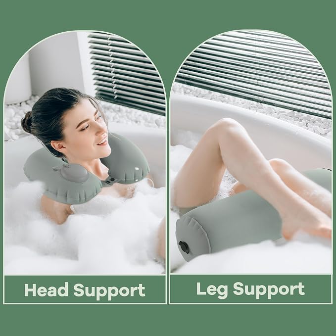 U-Shaped Full Body Bath Pillow for Tub 2 Pcs Inflatable Bathtub Bath Pillows with Adjustable Button for Shower, Neck Support Headrest & Leg Pillow for Relaxation Spa Soak in Bathtub