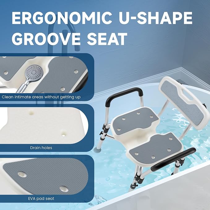 U-Shaped Shower Chair for Inside Shower, Adjustable Chair with Arms & Back | FSA/HSA Eligible, 600lb Capacity, Crossbar Design, Adjustable Height, Tool-Free, Non-Slip Bath Chair for Elderly and Disabled