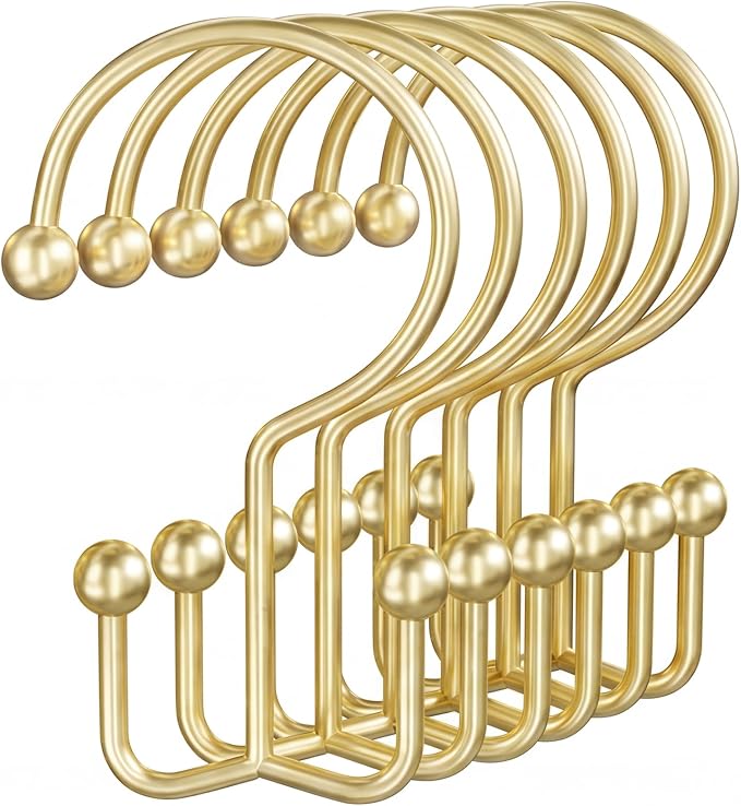 OEH 24 Pcs Shower Curtain Hooks, Metal Shower Curtain Rings, Gold Shower Curtain Hooks Rust Proof, Double Shower Rings for Curtain, Easy Install Anti-Drop Shower Hooks for Shower Curtain, Gold