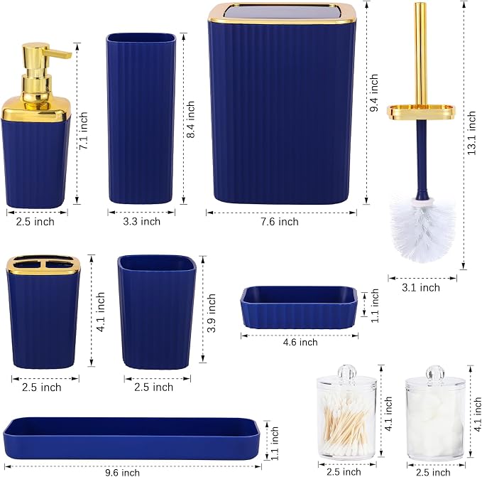 9 PCS Navyblue Bathroom Accessories Set with Trash Can Bathroom Accessory | All-in-One Kit with Trash Can,Toothbrush Holder,Soap Dispenser,Toothbrush Cup,Vanity Tray,Soap Dish,Toilet Brush etc for Home