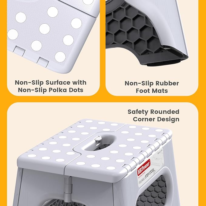 HBTower Folding Step Stool 9 Inch, 600 LBS Capacity with Safety Lock, White | Compact Step Stool Foldable for Kids & Adults, Portable Carry Handle, Collapsible Foot Stool, Kitchen, Bathroom & Outdoor