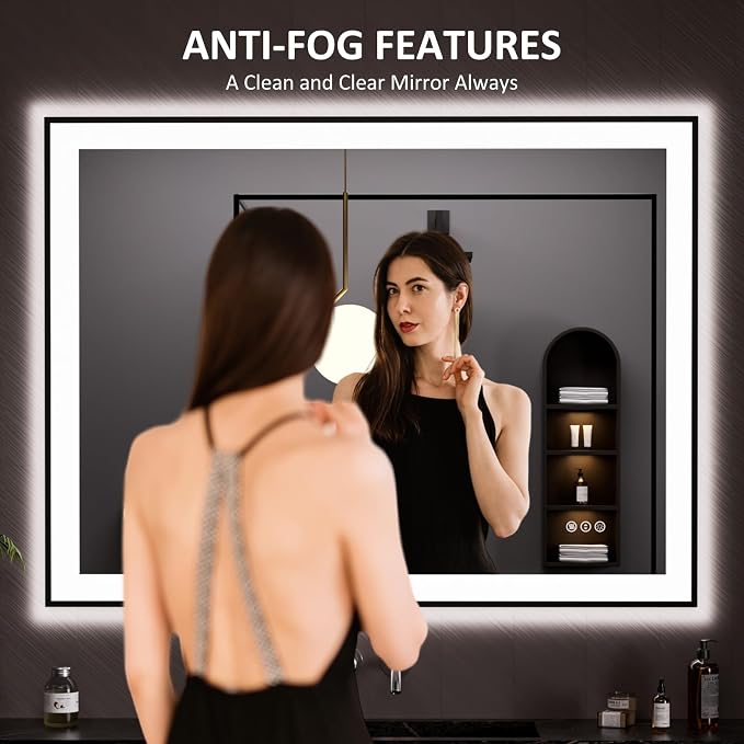LOAAO 48"X36" LED Bathroom Mirror Black Framed | Anti-Fog, Dimmable, Memory Function, Tempered Glass, Lighted Vanity Mirror for Wall