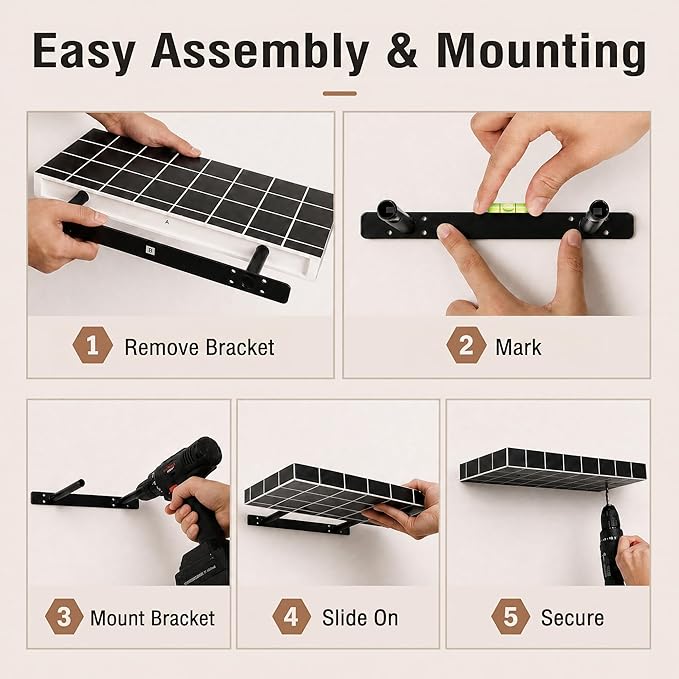 Floating Shelves, Set of 2, Black with White Lines | 15.7"W x 6.7"D x 1.5"H, set of 2, 25 lbs per shelf, 3D tile texture, splash-resistant, ~30 min assembly.
