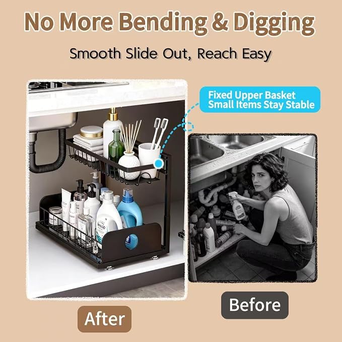 Under Sink Organizer, 1 Pack Under Kitchen Cabinet Organizer, Height Adjustable Pull Out Mute Slide-Out 2 Tier Metal Under Sink Storage for Bathroom, Pantry, Kitchen & Bedroom (Black, 1 Pack)