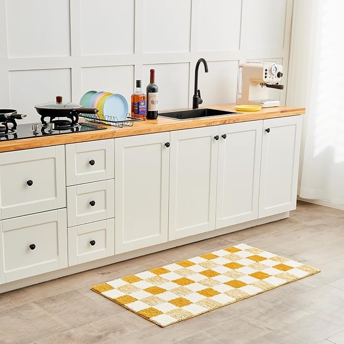 CozeCube Harvest Gold Checkered Bath Mat 36"x24" Non Slip Washable Rug | For Bathroom Non Slip, Fluffy Absorbent Microfiber Bath Mats Machine Wash, Stylish Large Aesthetic Bathroom Rugs