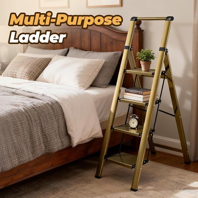 HBTower 4 Step Ladder, Lightweight Aluminum Folding Step Stool | Anti-Slip Wide Pedal, 330lbs Capacity Step Ladder for Household Kitchen Office, Gold