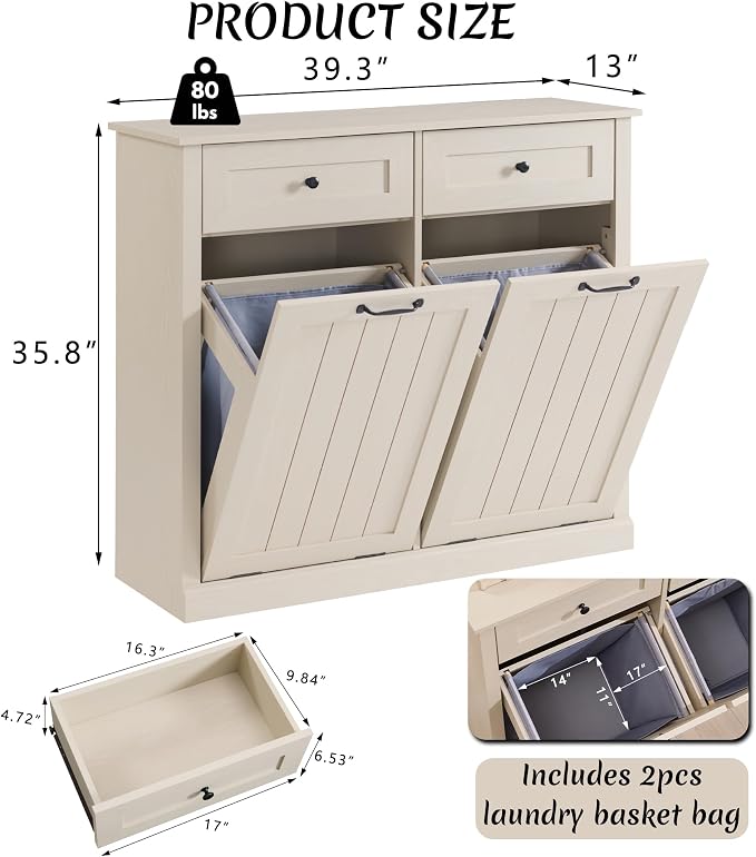 IFBUY Double Tilt Out Laundry Hamper Cabinet, Trash Cabinet, Cream | 20 Gallon Farmhouse Trash Cabinet w/Drawers, Hidden Wood Garbage Can Cabinets w/Laundry Storage Basket for Bathroom, Kitchen
