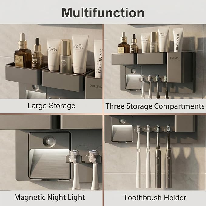 Toothbrush Holders for Bathrooms Toothbrush Holders Wall Mounted with Magnetic Night Light-4 Toothbrush Slots, 3 Independent Storage Compartments Bathroom Decor All-in-One Organizers Accessories Black