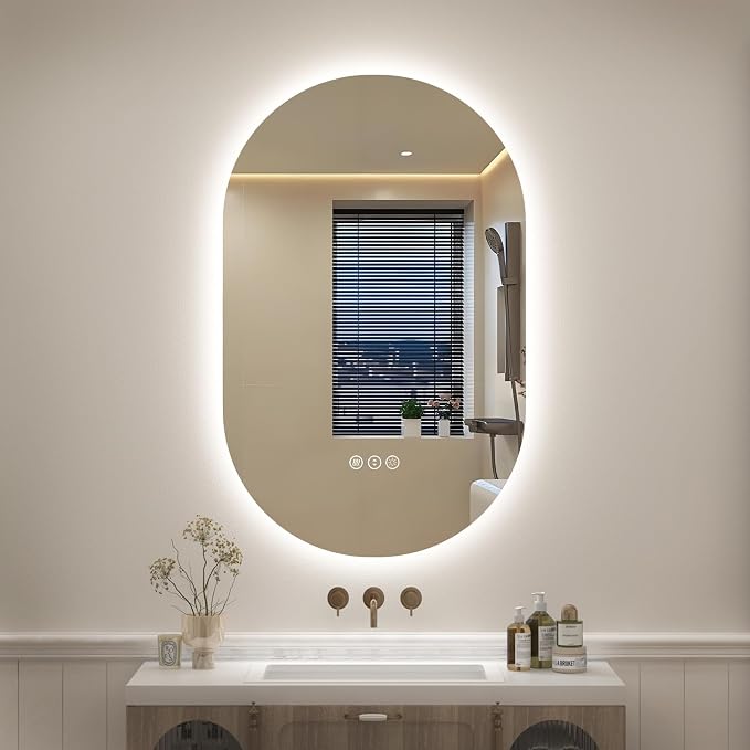 SMIROR 20x32 Oval Backlit LED Bathroom Vanity Mirror with Lights for Wall | Pill-Shaped, 3 Color Lighting, Anti-Fog, Memory, Tempered Glass, UL, Horizontal/ Vertical Wall- Mounted
