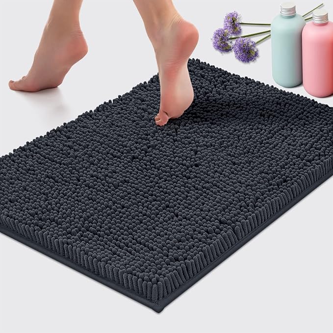 LuxUrux Bath Mat, Extra-Soft Plush Non-Slip Bathroom Rug, Luxury Chenille Microfiber Material, Super Absorbent Shaggy Bath Rug. Machine Wash & Dry (17 x 24 inches, Charcoal)